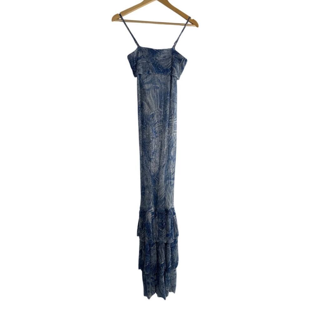 Mia Vesper Frond Mermaid Dress Leaf Print Sleeveless Ruffle Hem Maxi Blue Small — image 3 of 8